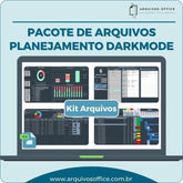 Pacote de Planilhas de Plano de Ação e Planejamento Darkmode em Excel mostrando diferentes modelos de planilhas, incluindo cronogramas e dashboards.